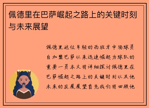 佩德里在巴萨崛起之路上的关键时刻与未来展望